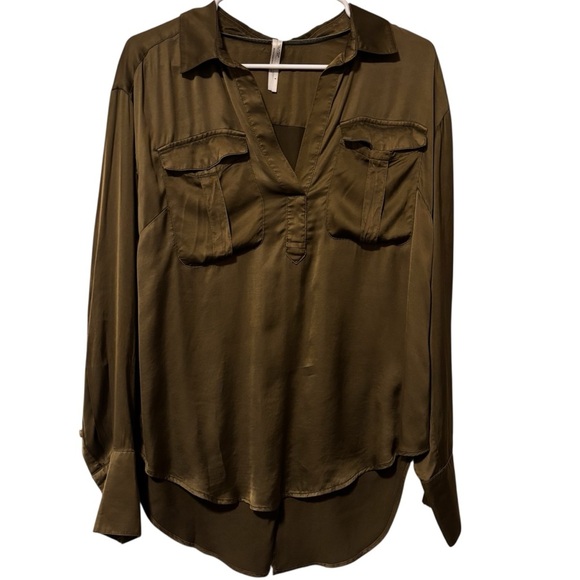 Anthropologie | Olive Split Back Satin Blouse | Size S - Picture 8 of 11
